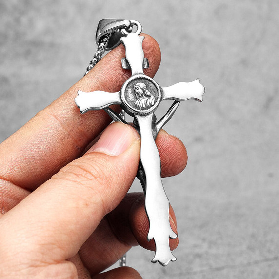 INRI Solid No Fade Solid Stainless Steel Jesus Passion Cross Pendant Chain Necklace 