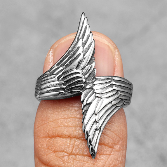 Mens No Fade Eccentric Creative Angel Wings Stainless Steel Street Wear Rings 