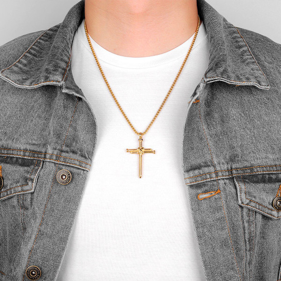 No Fade Stainless Steel 14k Gold Black Rugged Jesus Nail Cross Pendant