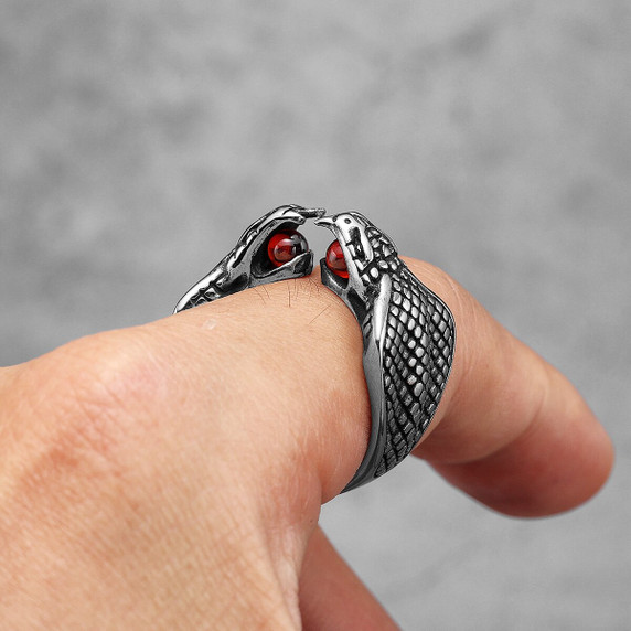 Mens No Fade Open Mouth Double Cobra Fang Stainless Steel Streetwear Rings