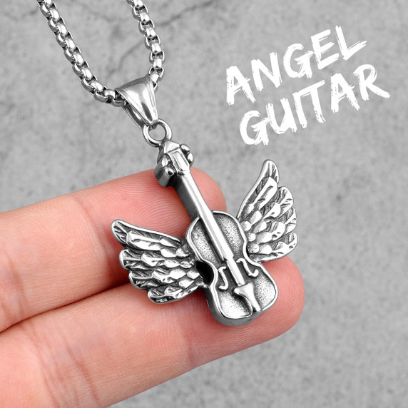 Mens 316L No Fade Stainless Steel Angel Wings Guitar Street Wear Jewelry Pendant
