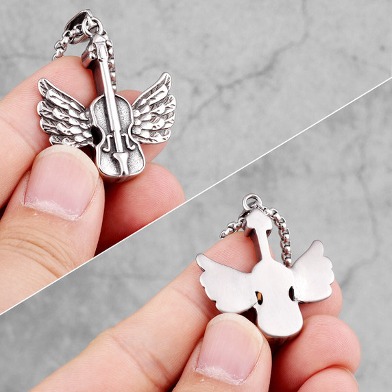 Mens 316L No Fade Stainless Steel Angel Wings Guitar Street Wear Jewelry Pendant