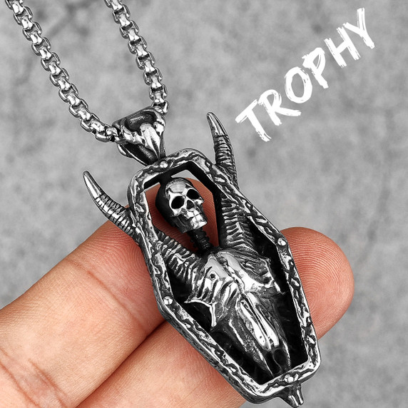 Infernal Horns | No Fade Stainless Steel Long Horned Demon Skull Trophy Pendant