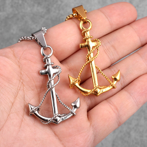 14k Gold Over Solid No Fade Stainless Steel Ship Anchor Pendant Chain Necklace