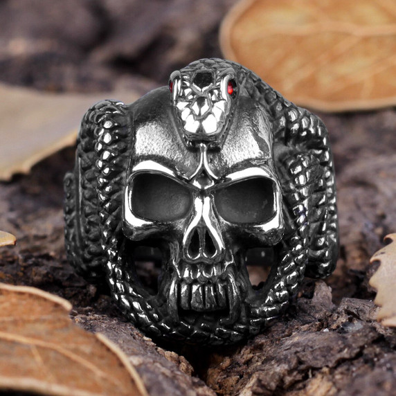 Mens 316L Ancient Snake Skull Solid 316L Stainless Steel Street Wear No Fade Rings