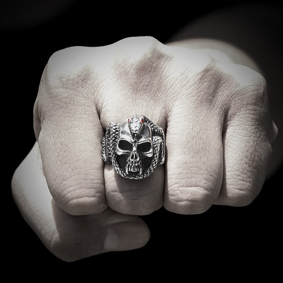 Mens 316L Ancient Snake Skull Solid 316L Stainless Steel Street Wear No Fade Rings