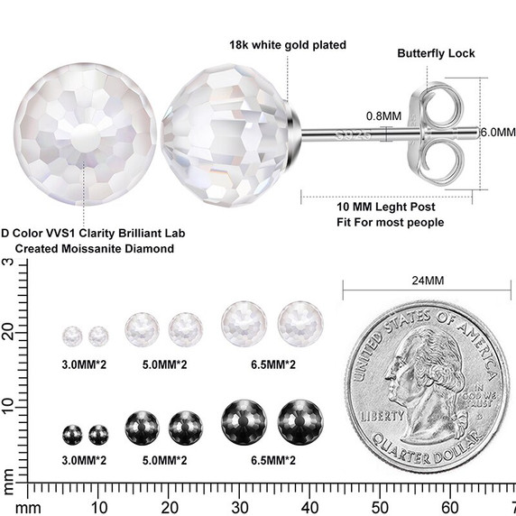 Solid 925 Sterling Silver Genuine VVS Lab Diamond Moissanite Disco Ball Bling Earrings 