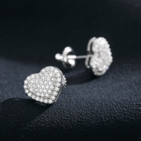 VVS Diamond Stone 925 Sterling Silver Iced Blinged Out Heart Stud Earrings