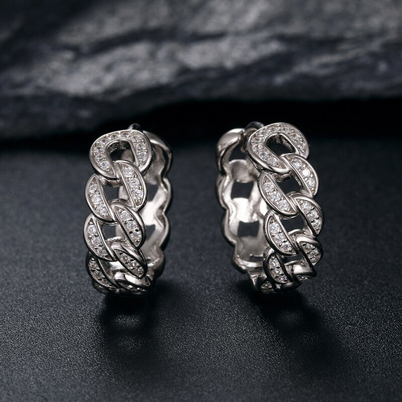 925 Solid Silver Iced Hip Hop Cuban Link Earrings