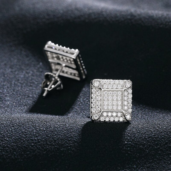 Mens Ultra Iced Genuine VVS Diamond Solid 925 Silver Square Block Hip Hop Earrngs