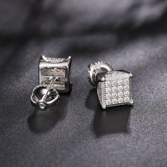Flooded Ice 925 Solid Silver 3D Cube Genuine VVS Diamond Bling Hip Hop Earrings