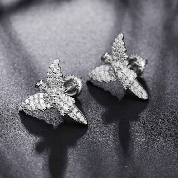 18k Gold 925 Solid Silver Guardian Angel VVS Genuine Diamond Bling Earrings