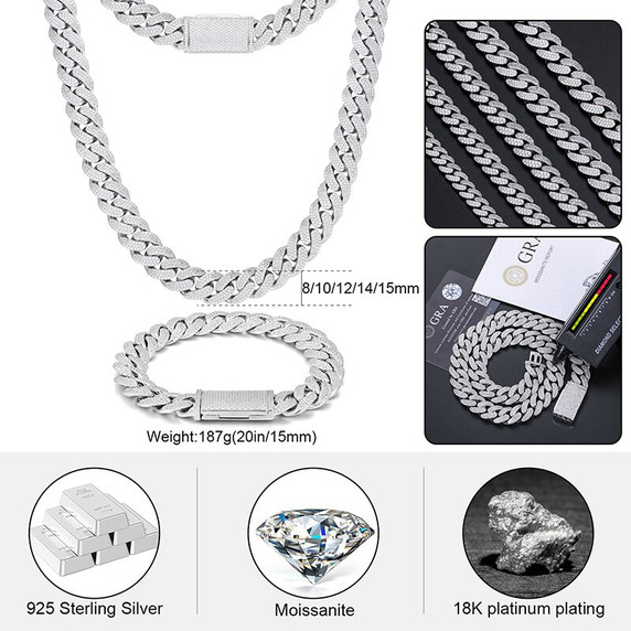 Mens Luxury Iced 8mm-20mm VVS Diamond 925 Solid Silver Hip Hop Miami Cuban Links