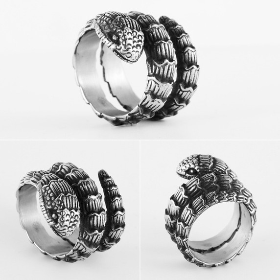 Mens No Fade 316L Unique Fashion Coiled Snake Street Wear Rings