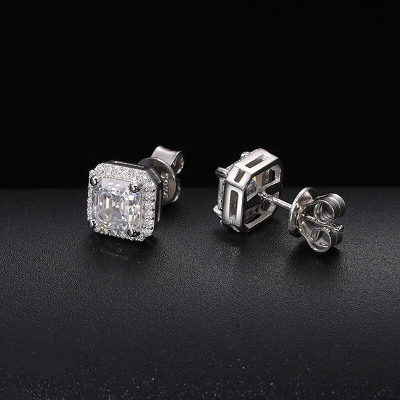 Genuine VVS Diamond Stone Solid Silver Ascher Cut Square Iced Blinged Out Earrings