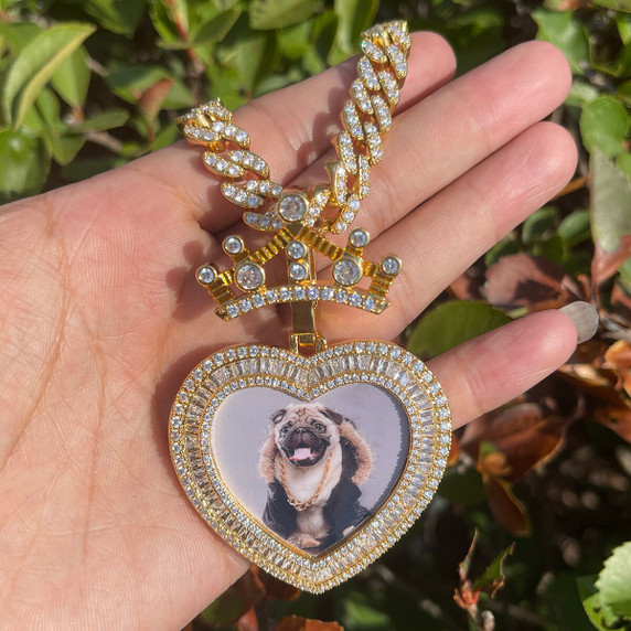 Baguette Iced Blinged Out My Queen Heart Photo Picture Pendant Chain Necklace
