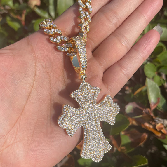 24k Fully Iced Blinged Out Templar Cross Hip Hop Pendant Chain Necklace 