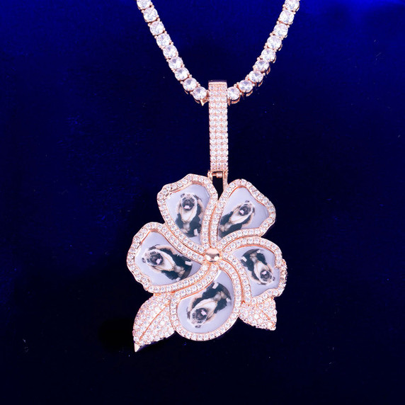 24k 925 Silver Flooded Ice Custom Made Photo Collage Flower Bling Pendant Necklace