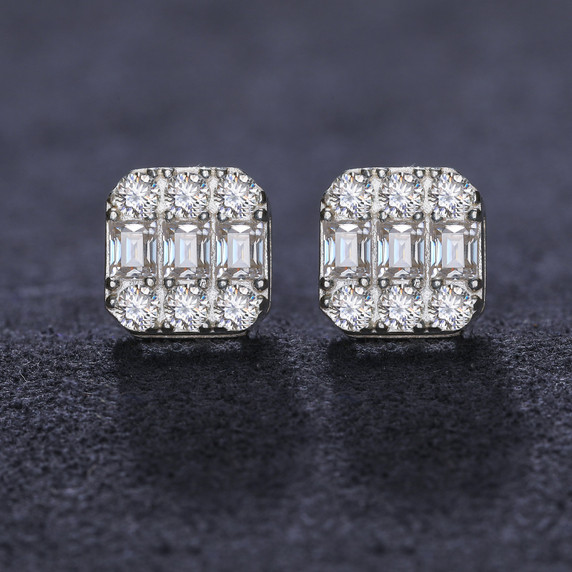 Baguette & Round Prong Set Genuine VVS Diamond Moissanite Solid Silver Bling Earrings