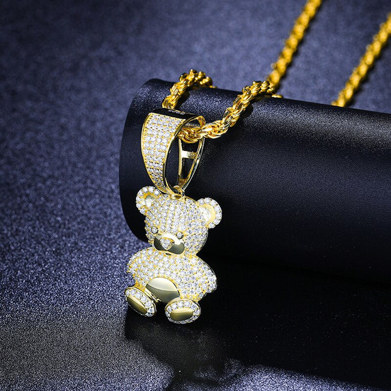 18k Gold Over Solid 925 Silver Genuine VVS Diamond Teddy Bear Pendant Chain Necklace