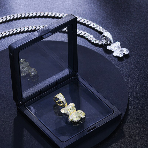 18k Gold Over Solid 925 Silver Genuine VVS Diamond Teddy Bear Pendant Chain Necklace