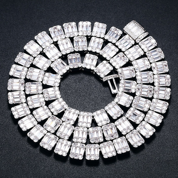 Mens 10mm Fully Iced Baguette Prong Set Tennis Chain Hip Hop Simulate Diamond Necklace