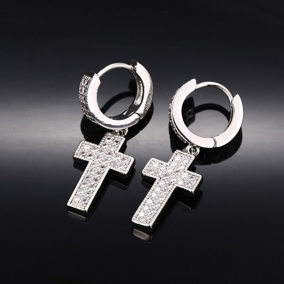 Flooded Ice Double Row Cross Huggie 18k Gold 925 Silver Hip Hop Earrings