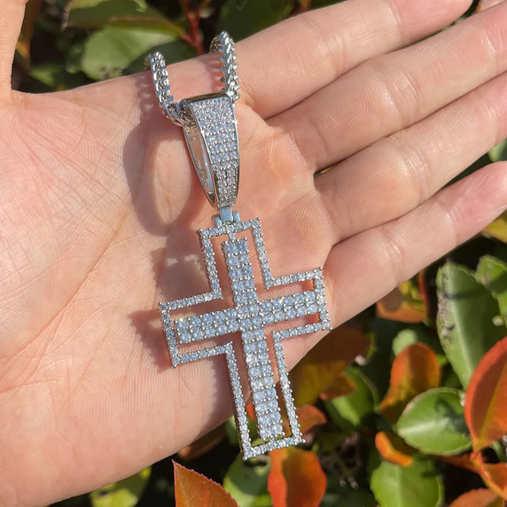 Mens Hollow Outlined 2 Row Prong Set Unique Hip Hop Cross Pendant 