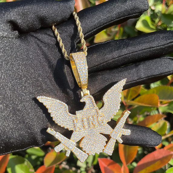 24k Gold 925 Silver Hip Hop King Eagle Holding Chopper Iced Blinged Out Pendant
