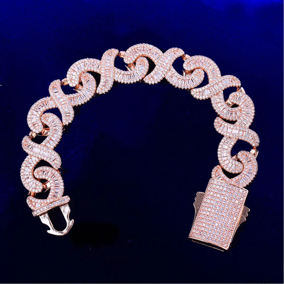 Mens Iced Blinged Out Baguette 24k 925 Silver Rose Gold Infinity Cut Hip Hop Bracelets