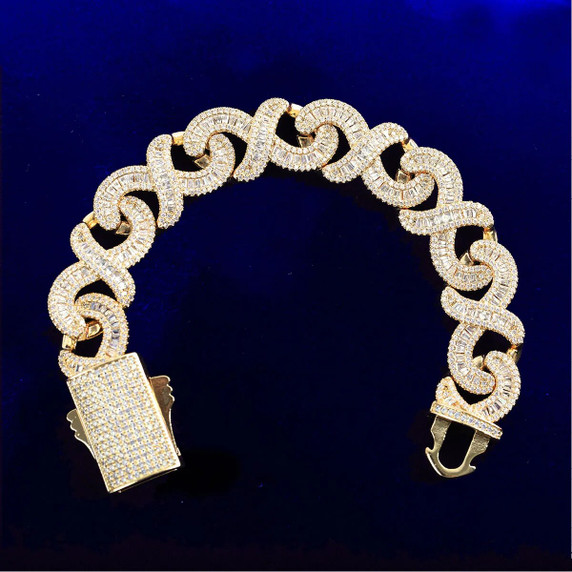 Mens Iced Blinged Out Baguette 24k 925 Silver Rose Gold Infinity Cut Hip Hop Bracelets