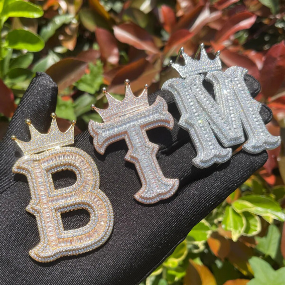 Baguette & Round Flooded Ice Stone Kings Crown Initial Letters Hip Hop Pendants