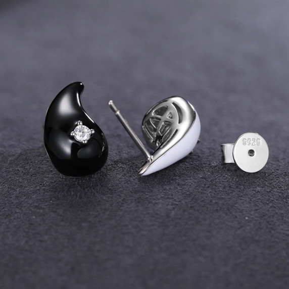 Solid Sterling Silver VVS Diamond Black White Yin Yang Tear Drop Designer Earrings