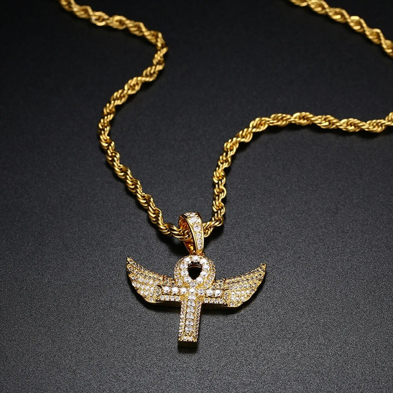 18k Gold 925 Silver Angel Wings Original Ankh Cross Hip Hop Pendant Necklace
