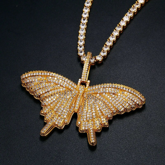 Women's 3D Beautifully Detailed Butterfly 18k Gold Prong Set Bling Pendant
