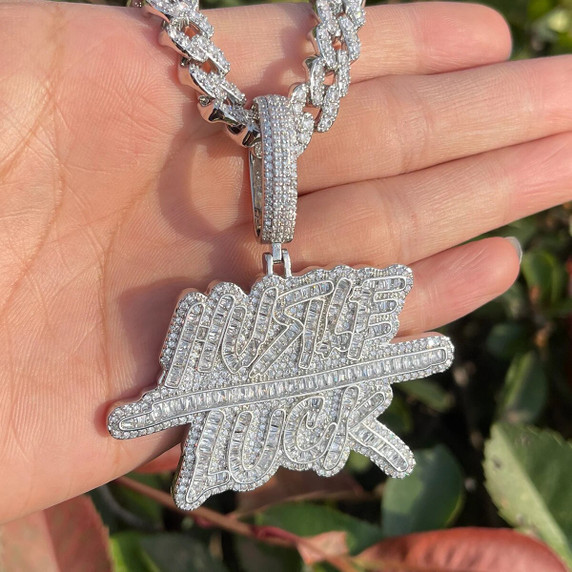 Hustle Over Luck | Hip Hop Name Plate VVS Diamond CZ Baguette Iced Pendant