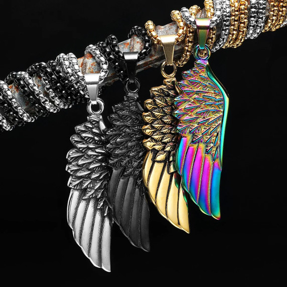 Mens Solid Stainless Steel Large Angel Wing No Fade Hip Hop Street Wear Pendant Necklace