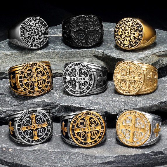 Mens 14k Gold Over No Fade Stainless Steel Saint Benedict Exorcism Street Wear Rings