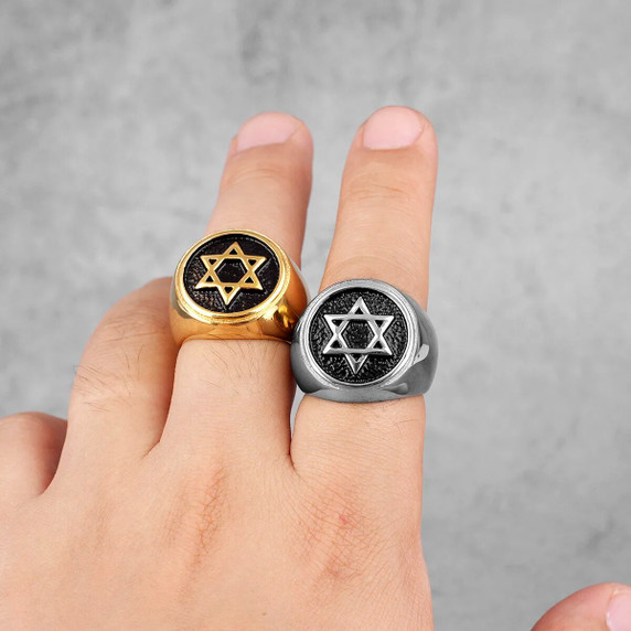 Mens Star Of David Hexagram Solid Stainless Steel No Fade Street Wear Rings