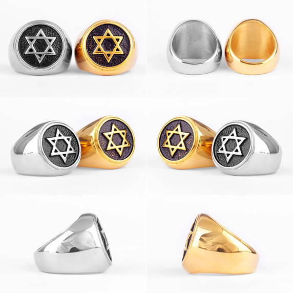 Mens Star Of David Hexagram Solid Stainless Steel No Fade Street Wear Rings