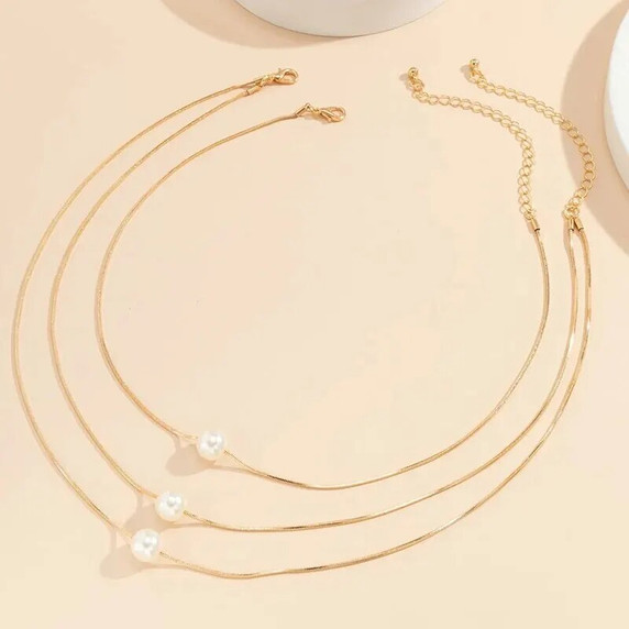 Ladies 3 Piece Pearl Layer Gold Snake Link Chain Necklace Set