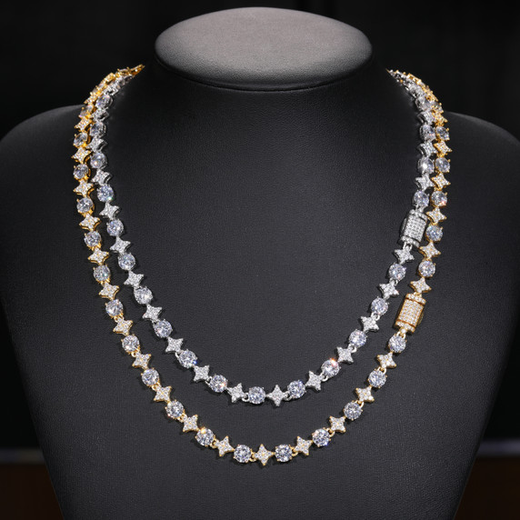 Solid Sterling Silver Circle Star Diamond Moissanite Iced Hip Hop Chain Necklace