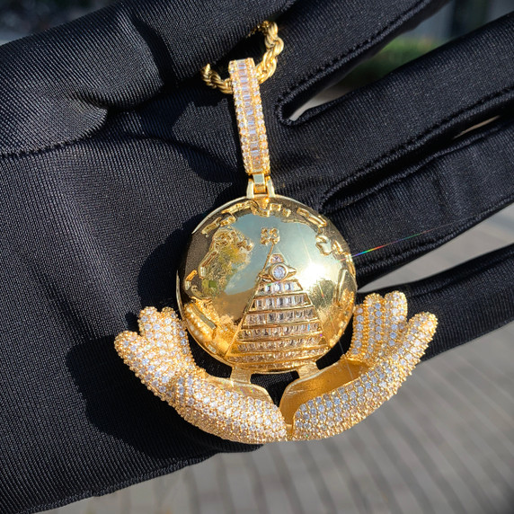 My World | Iced Blinged Out Baguette The World In My Hands Pyramid Illumination Pendant 