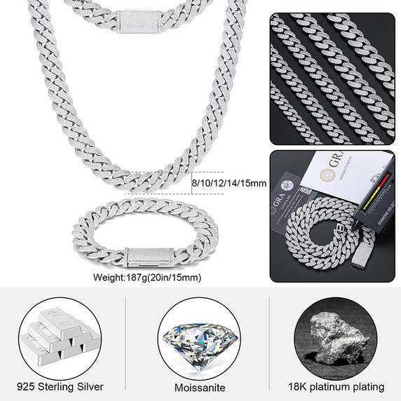 Moissanite Diamond Solid 925 Sterling Silver 8MM-20MM Hip Hop Cuban Chain Bracelet Sets