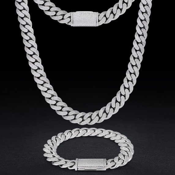 Moissanite Diamond Solid 925 Sterling Silver 8MM-20MM Hip Hop Cuban Chain Bracelet Sets