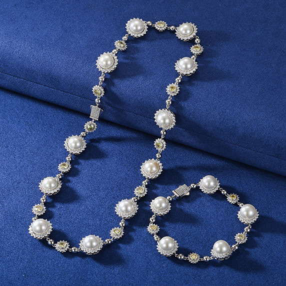 Pearl Sun | Moissanite Diamond Solid Sterling Silver Pearl Hip Hop Chain Necklace Bracelet Set