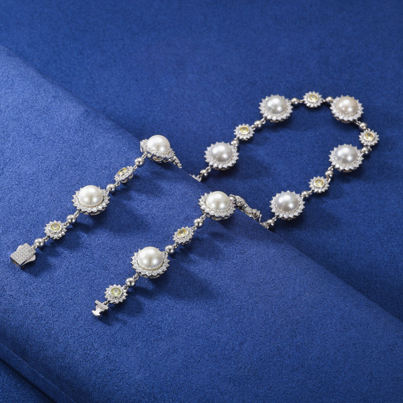 Pearl Sun | Moissanite Diamond Solid Sterling Silver Pearl Hip Hop Chain Necklace Bracelet Set