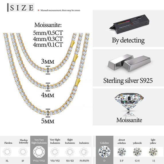 3MM Solid 925 Sterling Silver Full Moissanite Diamond Hip Hop Tennis Chain Necklace 