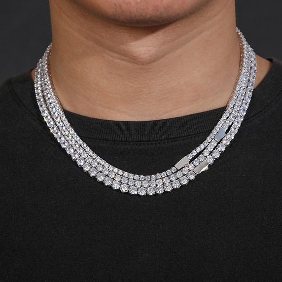 3MM Solid 925 Sterling Silver Full Moissanite Diamond Hip Hop Tennis Chain Necklace 