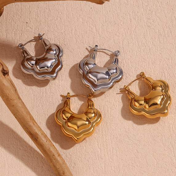 18k Gold Stainless Steel Hollow Double Layer Lotus Drop Waterproof Earrings 